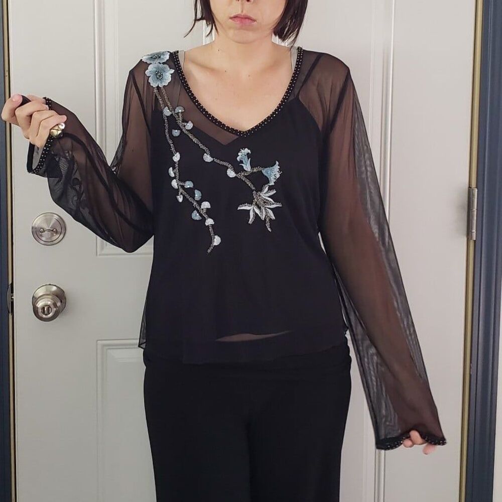 Y2K Black and Blueβ Embroidered Sheer Layered Top
